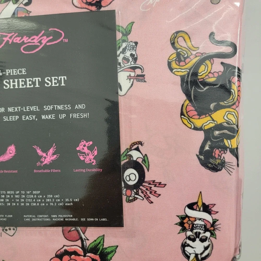 Ed Hardy Sheet Set Queen 4Pc Bedding Sheets Set Pink Tattoo Panther Snake Roses